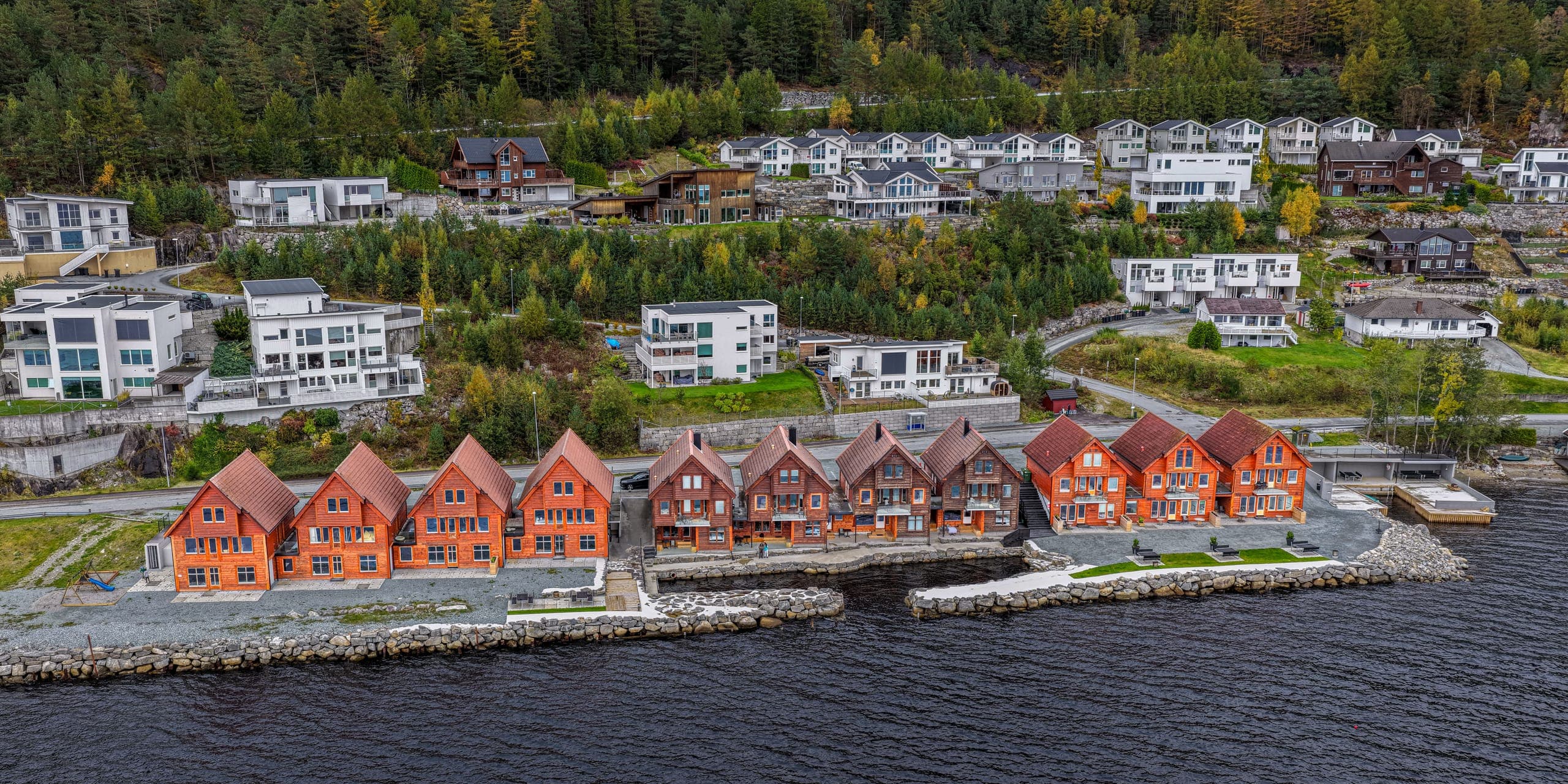 Aerial view of Preikestolen Panorama's seaside apartments and meeting facilities on the fjord
